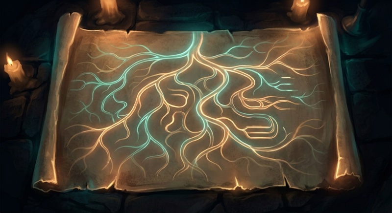 A glowing magical map representing dynamic storytelling